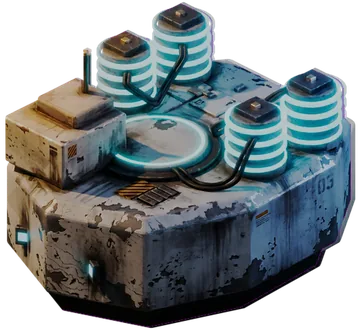 A squat, armoured hull carrying lit cyan coil stacks.