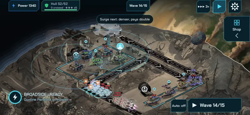 A battle on a rocky approach: landed ships fire on a Choir column while the wave counter reads 14 of 15.