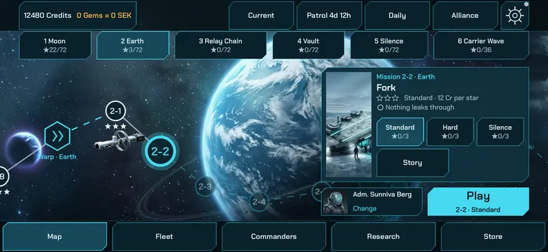 The star map: missions laid out around Earth and the Moon, with a mission card showing three difficulties.