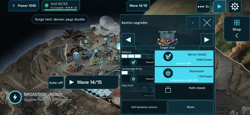 The upgrade panel for a selected ship, showing its upgrade paths and tiers beside the battlefield.